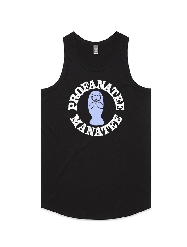 Black tank top with illustrated light blue manatee that is sticking up its fins to resemble a middle finger. Text surrounds the manatee in a circle that reads 'Profanatee Manatee"